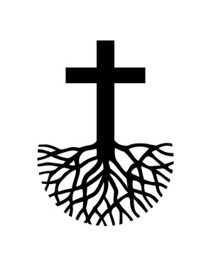 Kökleri İsa 'nın vektör siluetinin köklü haçı. İnanıyorum. Kilise logosu. Tişört izi. Hıristiyan vaftiz arka planı. Poster. Sadakat. İncil..