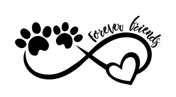 Infinity Sign Silhouette Pet Paws Footprints Heart Forever Friends Inscription — Stock Vector