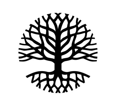 Round Tree of Life with roots,branches.Vector black circle icon outline silhouette drawing.Family logo  sign design.Tattoo.Print decor.Vinyl wall sticker decal.Plotter laser cutting. DIY. Cut file. clipart