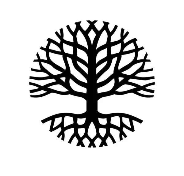 Kökleri, dalları olan Yuvarlak Hayat Ağacı. Vektör siyah daire simgesi ana hatlı çizim. Aile logosu işareti tasarımı. Dövme. Dekor. Vinil duvar çıkartması. DIY. Dosyayı kes.