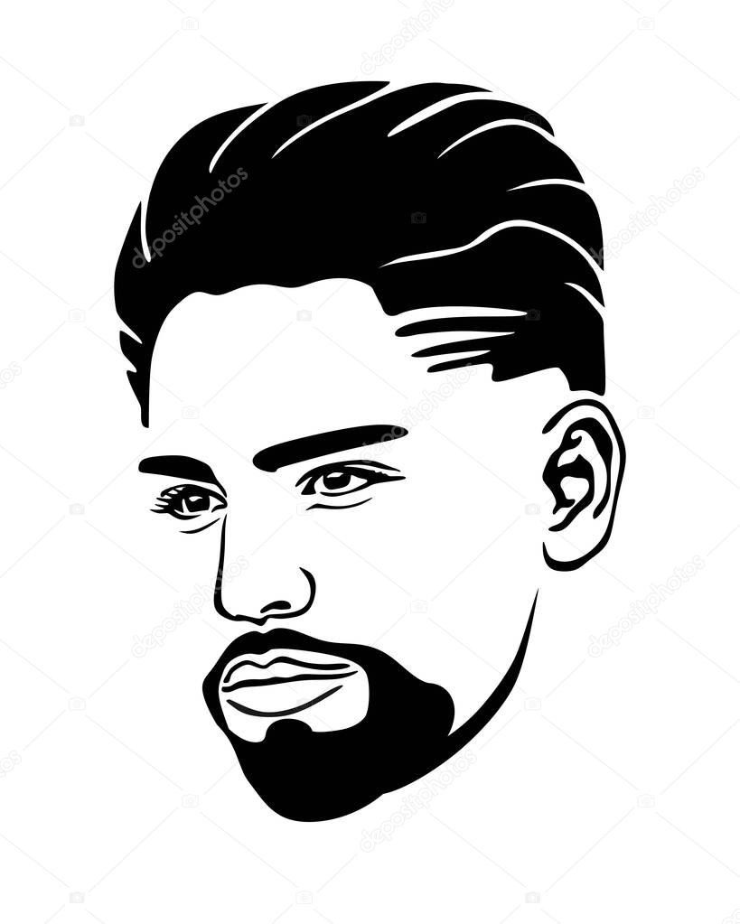 Barbershop.Abstract black male face portrait vector silhouette haircut hair,beard.Man head drawing.Handsome Boy.Plotter laser cutting.High Faded Undercut Hairstyle with Sideburns. DIY