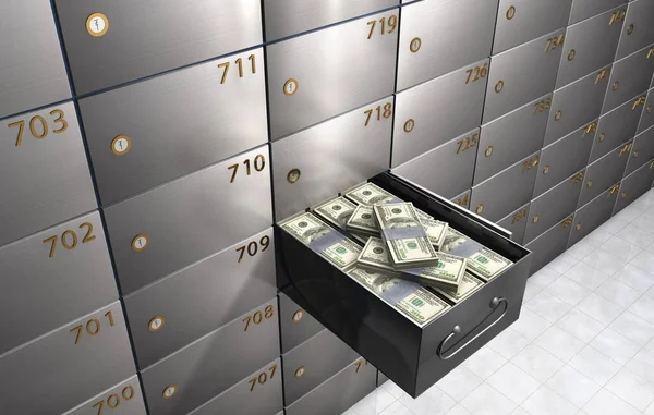 3D rendering a bank safety deposit box full of money.