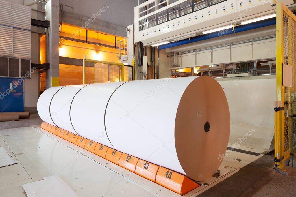 Big rolls of paper coming out of the machinery in a paper mill plant.