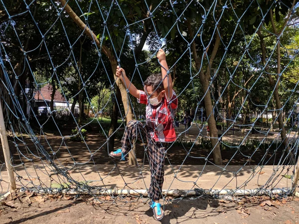 Boy Playing Small Goal Used Play Futsal Park City Malang — Stock Photo, Image