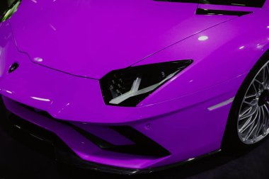 Bologna, Italy - December 3, 2019: Purple lamborghini aventador. Luxury stylish sport car.