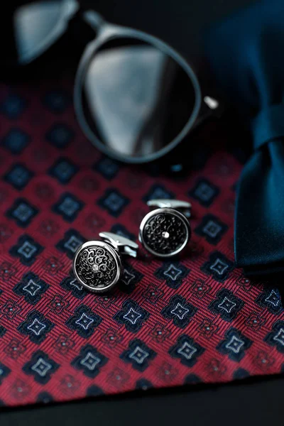 Business Accessories Luxury Men Cufflinks Breastplate Sunglasses Close — Stock Photo, Image