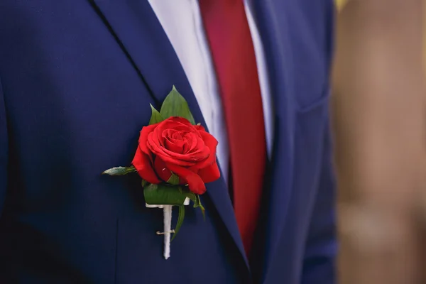 Wedding boutonniere on suit of groom — Stock Photo, Image