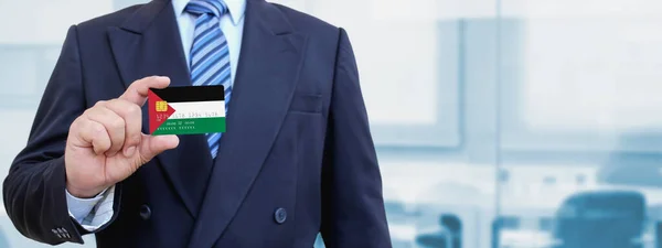 Cropped Image Businessman Holding Plastic Credit Card Printed Flag Palestine — Stock Photo, Image