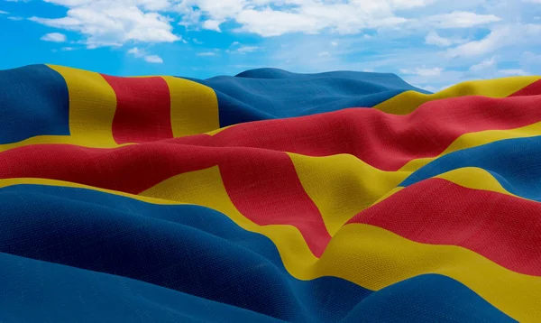 奥兰群岛在风中飘扬 现实主义和波浪形面料旗帜 3D渲染 — 图库照片