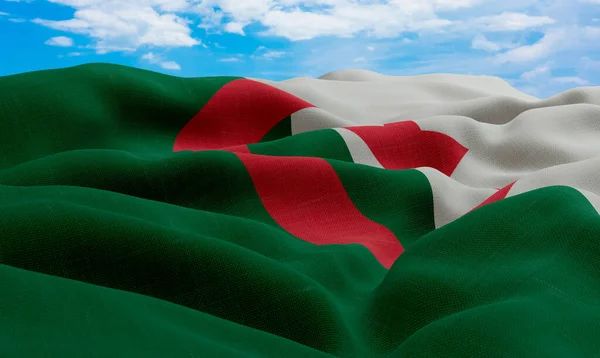 Rüzgarda Savrulan Cezayir Bayrağı Gerçekçi Dalgalı Kumaş Bayrağı Görüntüleme — Stok fotoğraf