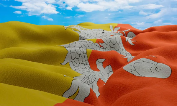 不丹在风中飘扬 现实主义和波浪形面料旗帜 3D渲染 — 图库照片