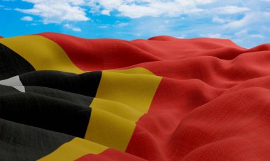 Doğu Timor bayrağı rüzgarda savruluyor. Gerçekçi ve dalgalı kumaş bayrağı. 3B görüntüleme.