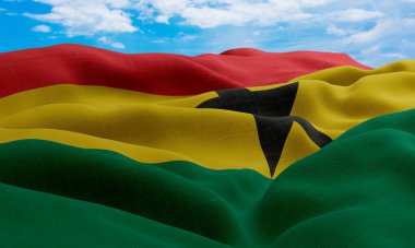 Rüzgarda sallanan Gana bayrağı. Gerçekçi ve dalgalı kumaş bayrağı. 3B görüntüleme.