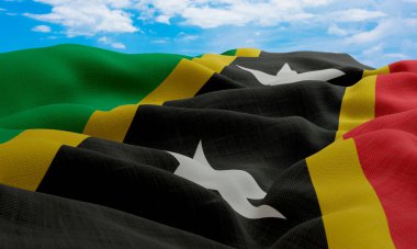 Saint Kitts ve Nevis bayrağı rüzgarda savruluyor. Gerçekçi ve dalgalı kumaş bayrağı. 3B görüntüleme.