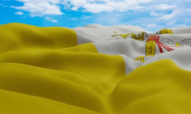 Vatikan bayrağı rüzgarda savruluyor. Gerçekçi ve dalgalı kumaş bayrağı. 3B görüntüleme.