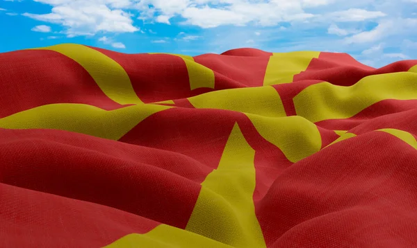 Norra Makedoniens Flagga Vinden Realistisk Och Vågig Tygflagga Rendering — Stockfoto