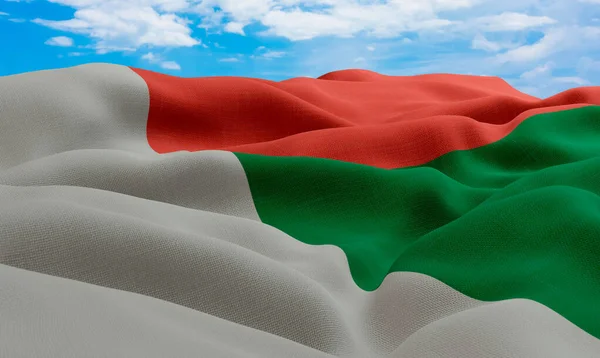Madagaskar Bayrağı Rüzgarda Uçuşuyor Gerçekçi Dalgalı Kumaş Bayrağı Görüntüleme — Stok fotoğraf