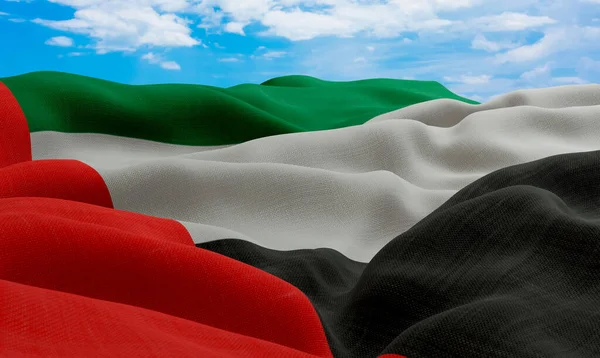 United Arab Emirates flag in the wind. Realistic and wavy fabric flag. 3D rendering.