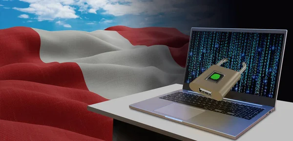 Peru 'nun ulusal bayrağını sallıyor. Siber saldırıyı önlemek için bilgi teknolojisi ve veri güvenliği kavramı. İnternet ve ağ güvenliği.