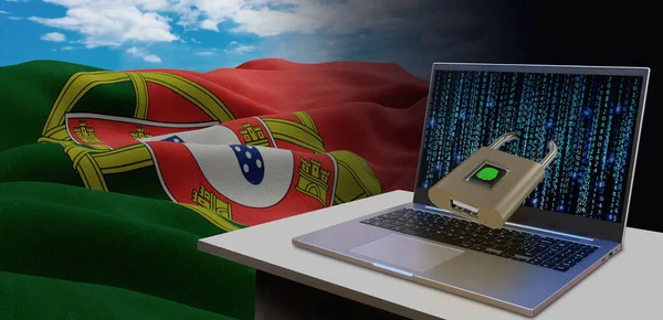 Das Schwenken Der Portugiesischen Nationalflagge Konzept Für Informationstechnologie Und Datensicherheit — Stockfoto