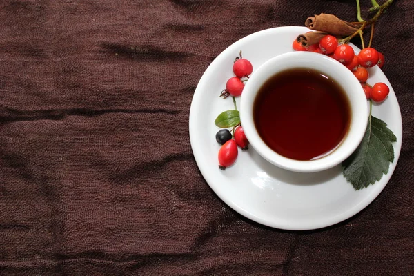 Φθινόπωρο φλιτζάνι τσάι με διαφορετικές μούρα — Φωτογραφία Αρχείου