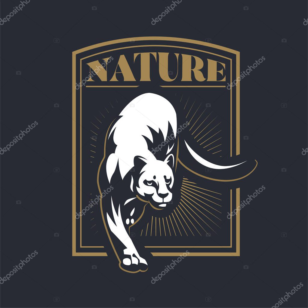 The wild cat turned its head back and raised its paw. Panther, puma. Stylized vector illustration.
