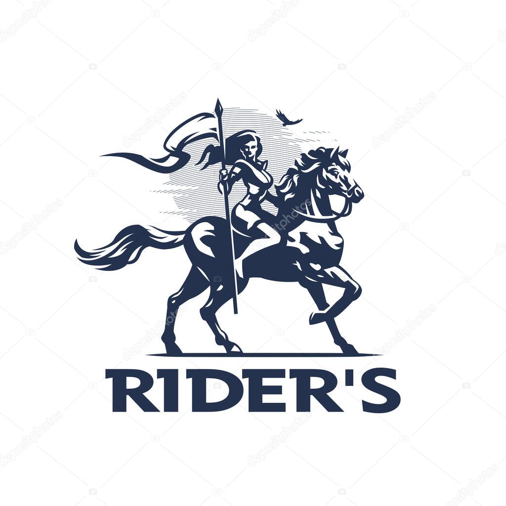 A woman rider, a knight, with a flag in her hands, in armor, riding a horse. Against the background of the sun, sky, eagle. Stylized vector illustration.