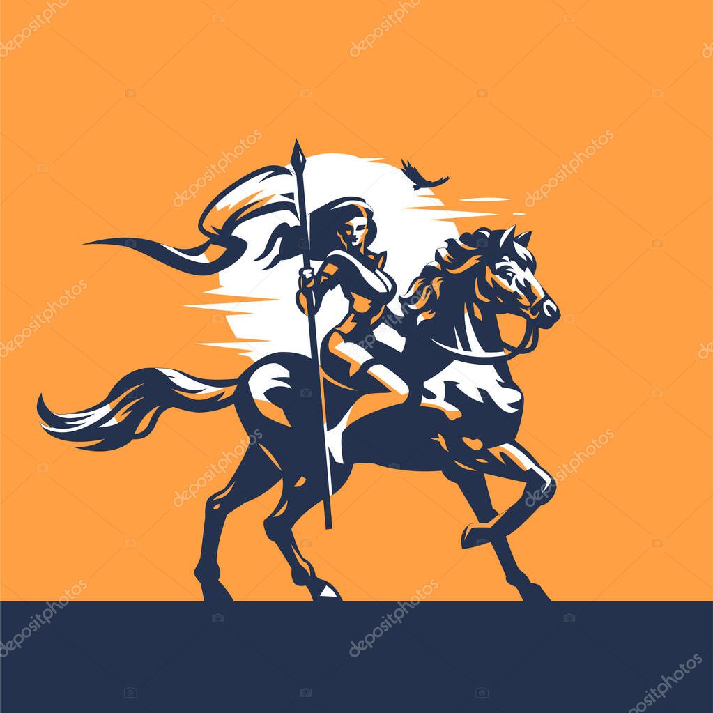 A woman rider, a knight, with a flag in her hands, in armor, riding a horse. Against the background of the sun, sky, eagle. Stylized vector illustration.