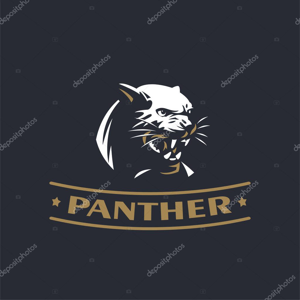 The angry panther bared her teeth. The head of a panther or wild cat. Stylized vector illustration.