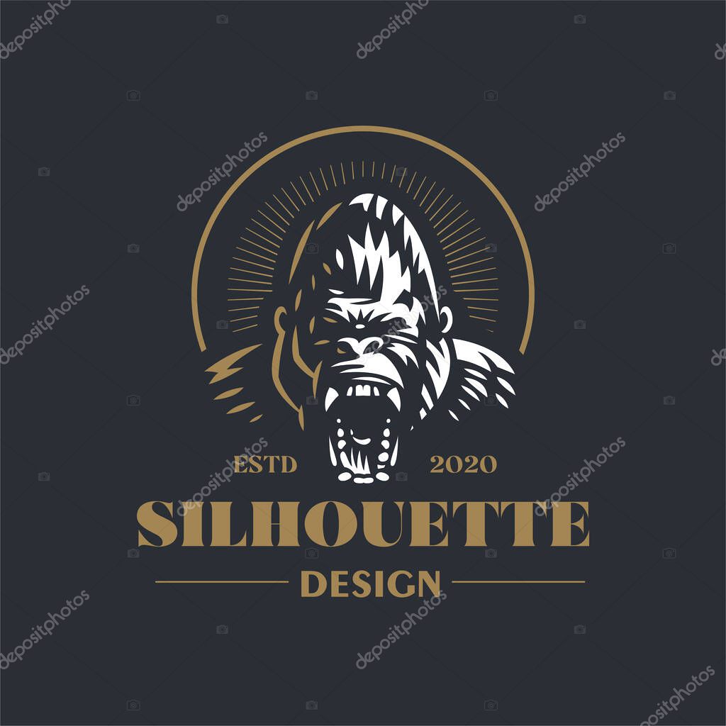 Angry gorilla head. The wild monkey growls. Stylized vector illustration.