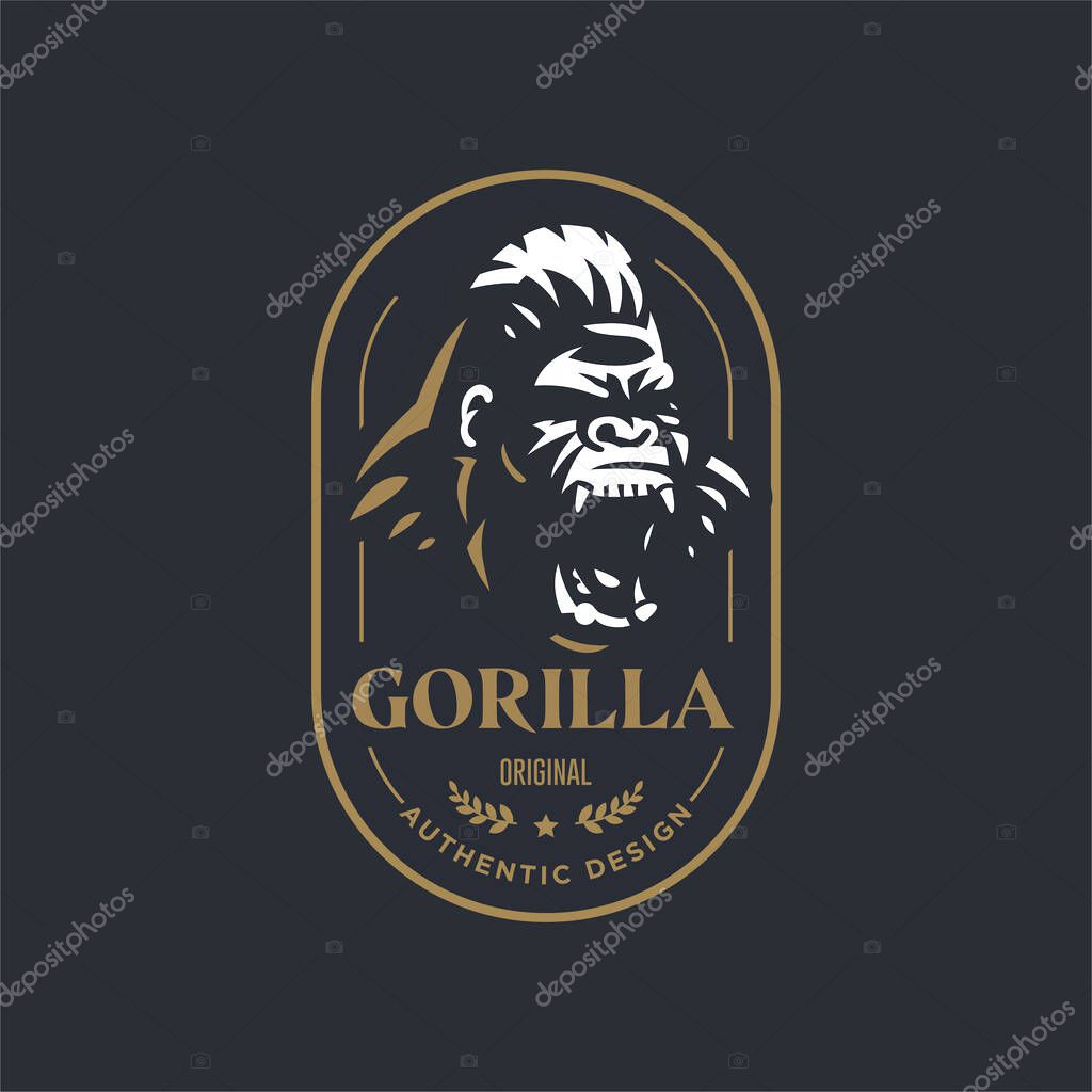 Angry gorilla head. The wild monkey growls. Stylized vector illustration.