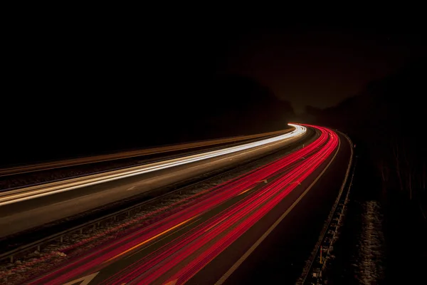 Rood Wit Licht Strepen Van Auto Een Haast Nacht — Stockfoto