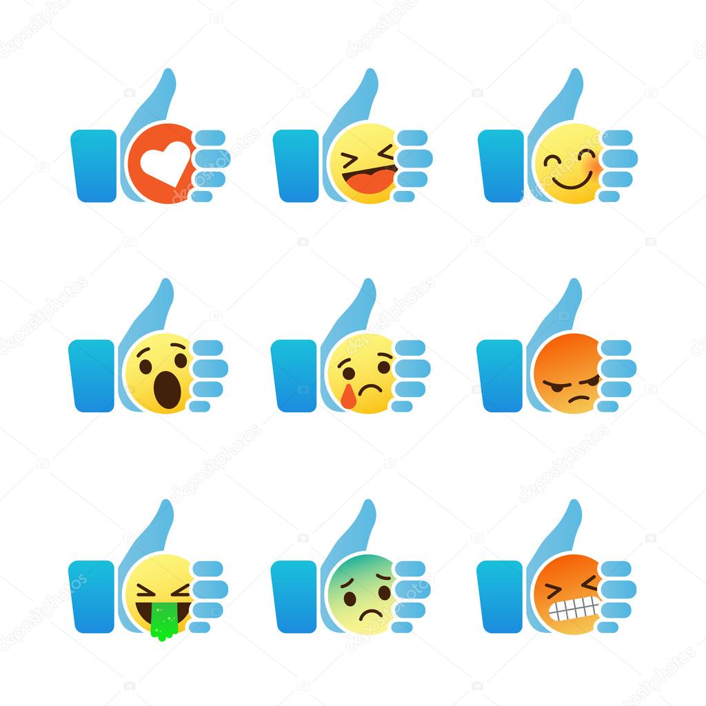 Set of Emoticons, thumb up symbol with Emoji smiley faces, vector illustration.