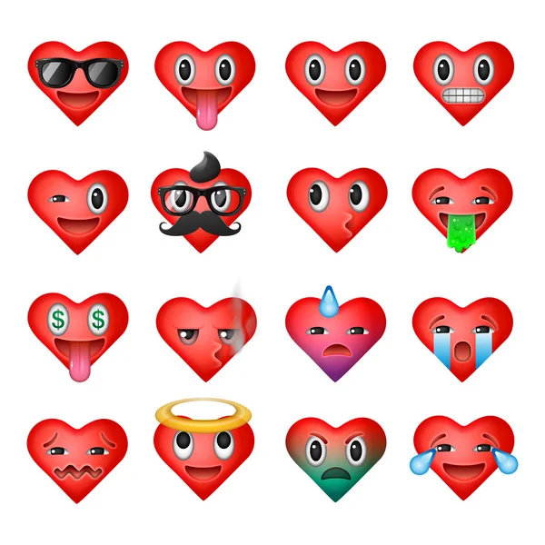 Conjunto de emoticonos del corazón, caras sonrientes emoji — Vector de stock