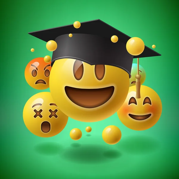 Conceito para a graduação, grupo de emoticons sorridentes —  Vetores de Stock