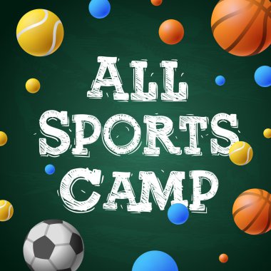 Spor yaz eğitim kampı, temalı poster, spor oyunları, vektör çizim.