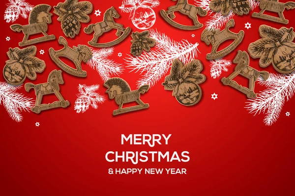 Natale vacanza mano disegno poster. Sfondo natalizio con giocattoli in legno, illustrazione vettoriale — Vettoriale Stock