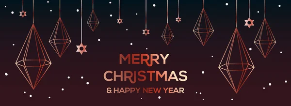 Banner web orizzontale natalizio con decorazione in cristallo oro rosa. Sfondo decorazione geometrica. Illustrazione vettoriale — Vettoriale Stock