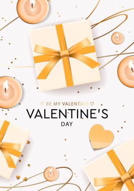 Sevgililer Günü tasarımı. Hediye kutuları, mumlar. Tatil afişi, web posteri, broşür, tebrik kartı, kapak. Vektör romantik arkaplan