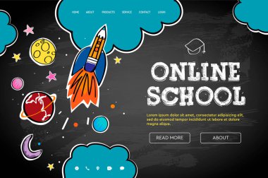 Çevrimiçi okul. Web pankartı şablonu Doodle biçimi, vektör illüstrasyonu