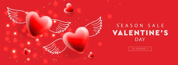 Promo Saint-Valentin. Modèle de bannière Web avec fond de coeur ailé rouge — Image vectorielle