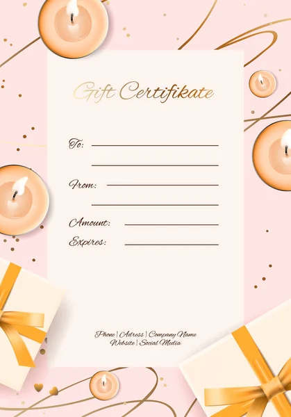 Gift sertificate card - modern gift sertificate card template. Voucher or gift card with gifts, candles pattern. Design for shop, beauty salon, spa — Stock Vector