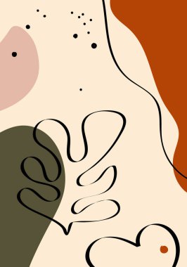 Botanik duvar sanatı. Soyut şekilli yaprak çizimi. Baskı, kapak ve duvar kâğıdı için soyut Bitki Sanatı tasarımı. Asgari ve doğal duvar sanatı. Vektör resmi