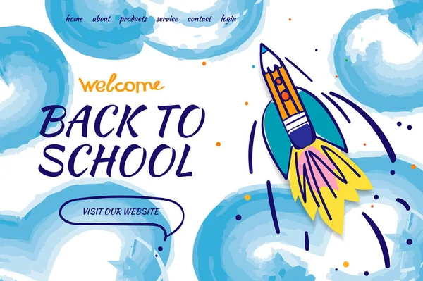 Ritorno a scuola con doodle razzo e acquerello nuvole di sfondo. Illustrazione vettoriale per banner poster di invito e sito web — Vettoriale Stock