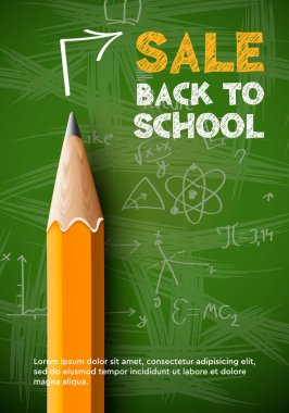 Okula dönüyorum. Satış posteri, yeşil karatahta arka planda kalem.