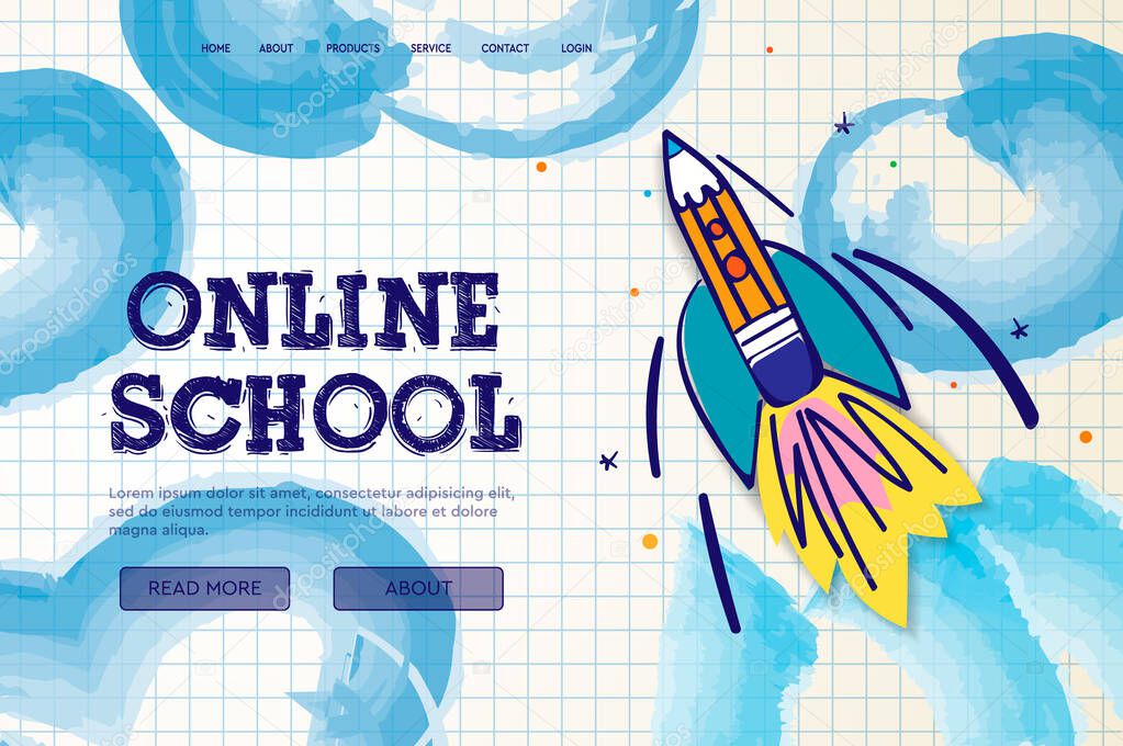 Online School. Digital internet tutorials and courses, online education, e-learning. Web banner template for website, landing page and mobile app development. Doodle style 