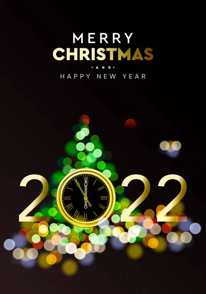 Vrolijk kerstfeest en gelukkig nieuwjaar 2022 - Glanzende achtergrond met gouden klok en kerstboom fonkelen wazig bokeh effect — Stockvector