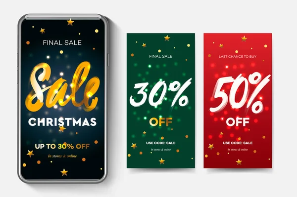 Christmas Sale banery internetowe dla aplikacji mobilnych mediów społecznościowych. Elegancka promocja i promocja rabatowa z abstrakcyjnym tłem — Wektor stockowy