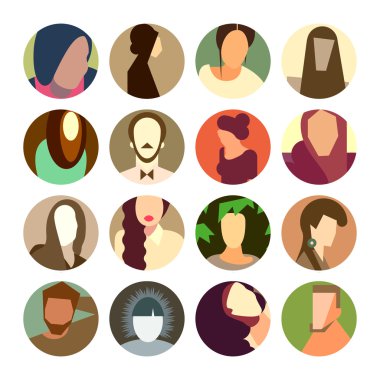Set of circle icons with colorful avatar faces, flat design style clipart