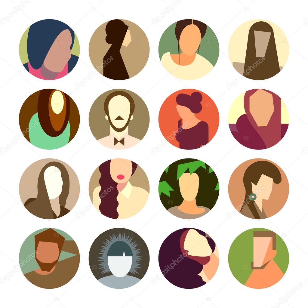 Set of circle icons with colorful avatar faces, flat design style, vector Eps10 illustration.